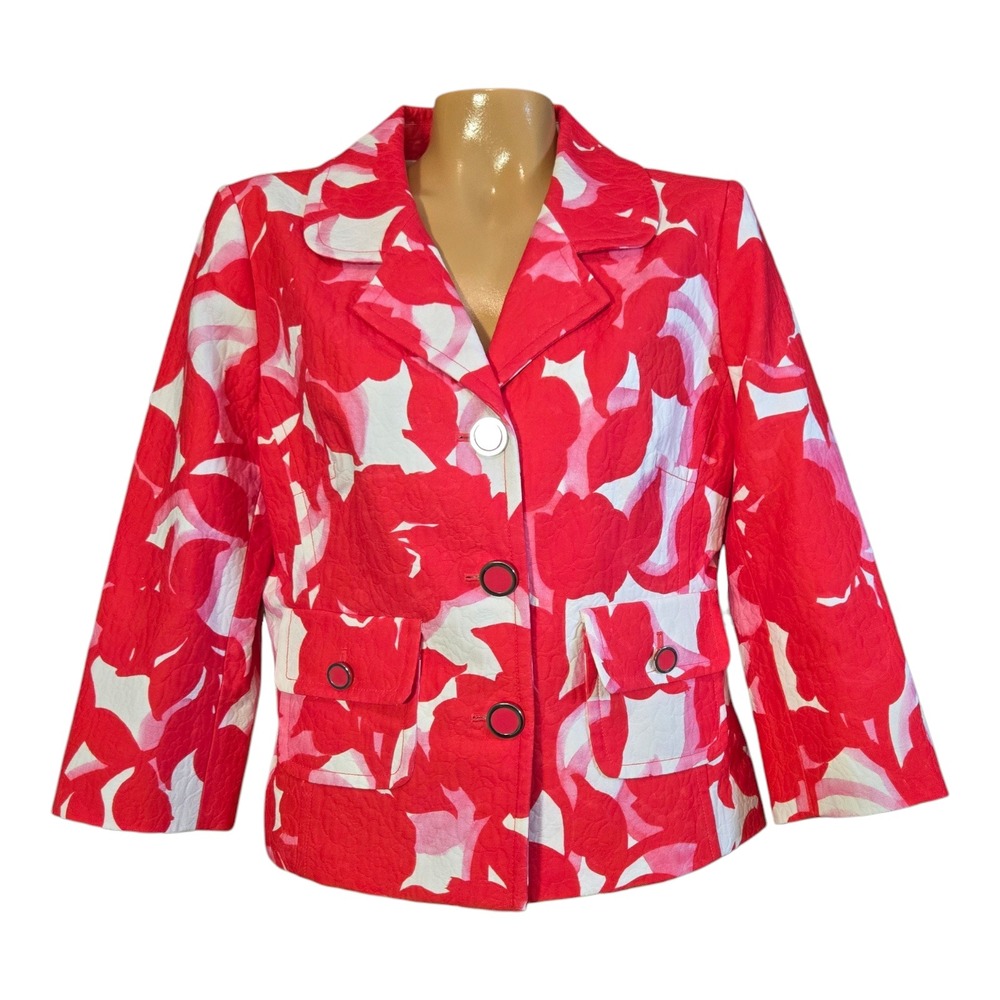 Doncaster Collection Womens Red White Floral Textured Blazer 3/4‎ Sleeve Size 10